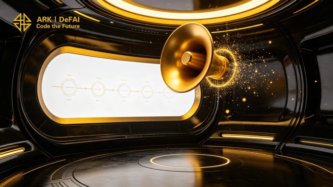 The image features a sleek, futuristic space with a glowing golden megaphone emitting sparkles, symbolizing amplified communication, alongside the text "ARK | DeFAI - Code the Future." This visual ties to the post by illustrating how Arkie AI empowers the ARK community to broadcast clear, impactful messages through AI-driven agents, transforming ideas into effective community engagement.