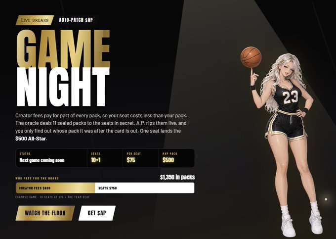 A promotional graphic titled "GAME NIGHT" featuring an anime-style female basketball player in a #23 jersey, with text explaining pack deals and creator fees for a live stream event.
