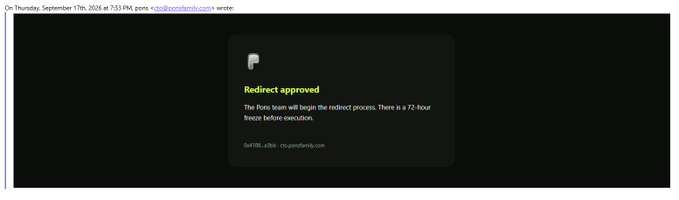 An email screenshot dated Thursday, September 17th, 2026 at 7:33 PM with a pop-up notification reading 'Redirect approved' from chippostofamily.com, stating 'The Porns team will begin the redirect process. There is a 72-hour freeze before execution.'