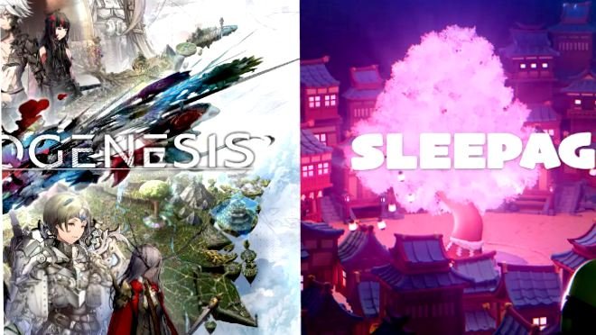 Two video game title screens are shown side by side: on the left is 'PROGENESIS' featuring anime-style character artwork, and on the right is 'SLEEPAGE' featuring a pink tree in a stylized city.