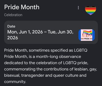 The image features a black background with white text that reads "Pride Month", followed by a date of June 1, 2026 - July 30, 2026, and an event called "Pride Month". The text also mentions a celebration for the LGBTQ+ community on June 1st. There is a heart icon in the top right corner of the image, which could be related to the Pride Month theme or simply a decorative element.