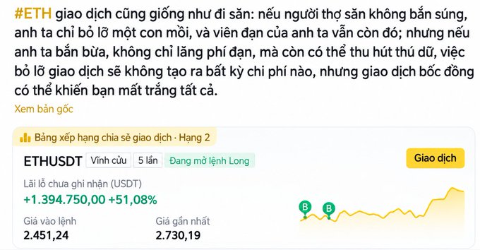 A Vietnamese-language crypto trading screenshot for ETHUSDT perpetual contract showing unrealized P/L of +1,394,750.00 (+51.08%) with entry price 2,451.24 and latest price 2,730.19, accompanied by text comparing ETH trading to hunting.