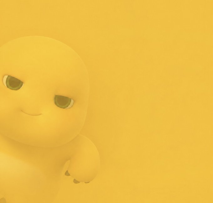 A 3D rendering of a round, yellow character with half-closed green eyes and a subtle smile stands against a plain yellow background.