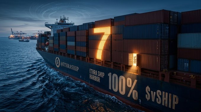 A large cargo ship loaded with shipping containers at sea, with a glowing orange number '7' and text reading '@ETHRASHIP', 'ETHRA SHIP HARBOR', and '100% $vSHIP' displayed on its hull.