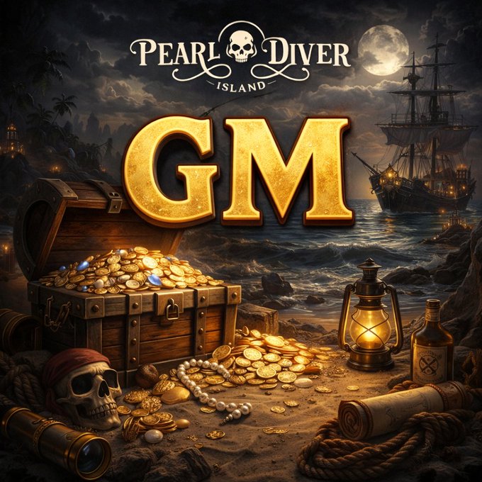 Promotional artwork for 'Pearl Diver Island' featuring large gold 'GM' letters over a treasure chest overflowing with gold coins and pearls, with a pirate ship and moonlit ocean in the background.