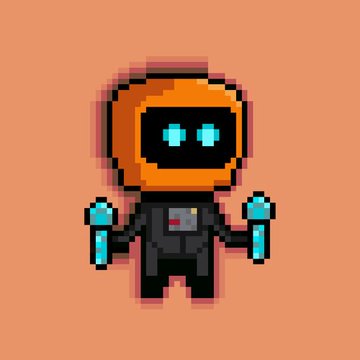 A pixel art illustration of a small robot character with an orange helmet, glowing blue eyes, and blue mechanical hands, set against a peach background.