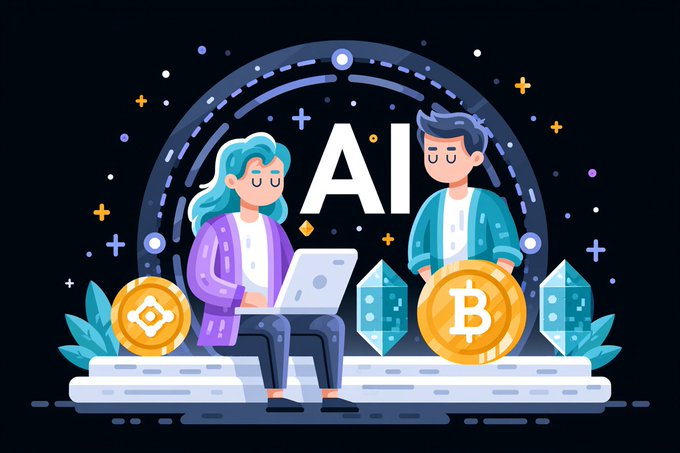 A digital illustration featuring two characters with a laptop and cryptocurrency coins (Bitcoin and another coin) under the text 'AI'.