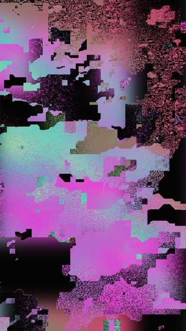 An abstract glitch-art style image featuring pixelated blocks and noise in shades of pink, purple, teal, and black.
