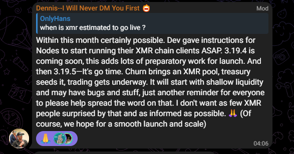 A Discord message from moderator 'Dennis-I Will Never DM You First' discussing XMR (Monero) launch timeline, mentioning version 3.19.4 and 3.19.5 with Churn and XMR pool preparations.
