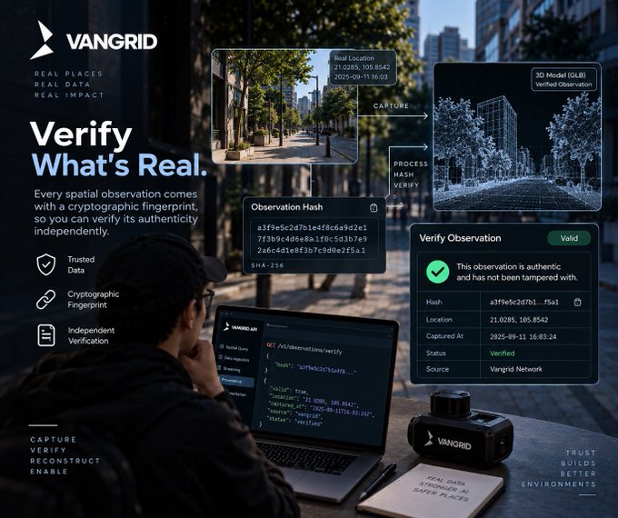 A person uses a laptop displaying the Vangrid API with verification code, alongside a 3D model labeled "Verified Observation" from a "Real Location" captured on "2025-09-11 16:03," featuring an Observation Hash (SHA-256) and a "Valid" verification status—visually illustrating the post's point that Vangrid's spatial data can be cryptographically and independently verified rather than blindly trusted.
