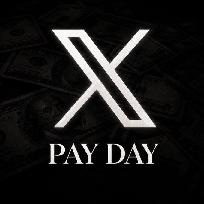 A graphic with a large white 'X' logo and the text 'PAY DAY' overlaid on a dark background of US hundred-dollar bills.