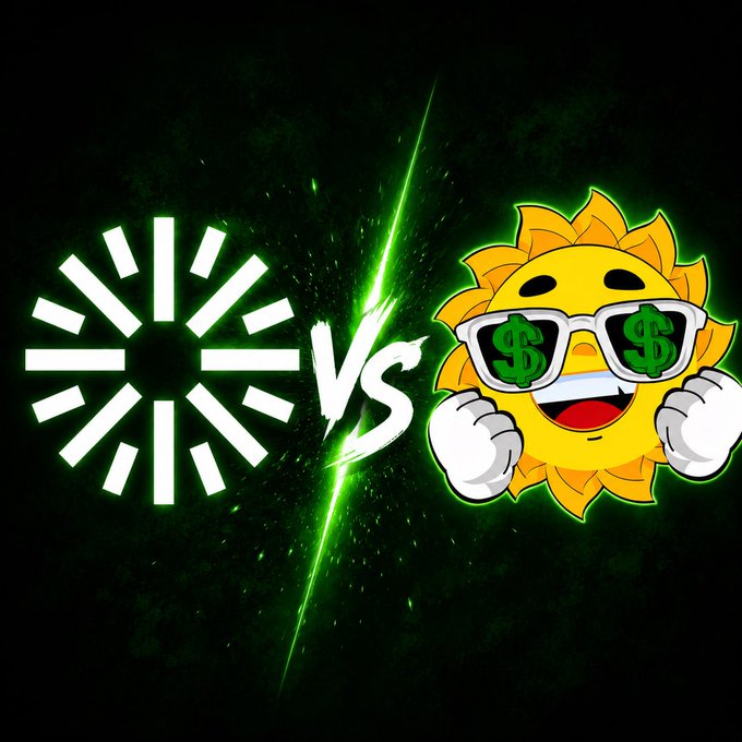 The image features a cartoon sun character wearing sunglasses, with the text "vs" written above him. Below the sun, there are two lines of green arrows pointing towards each other, creating an upward-pointing arrow effect. The background is black, which contrasts with the white and green elements in the image. The overall design suggests that the post might be related to a summer sale or promotion for a product, as indicated by the caption "@summertokensol".