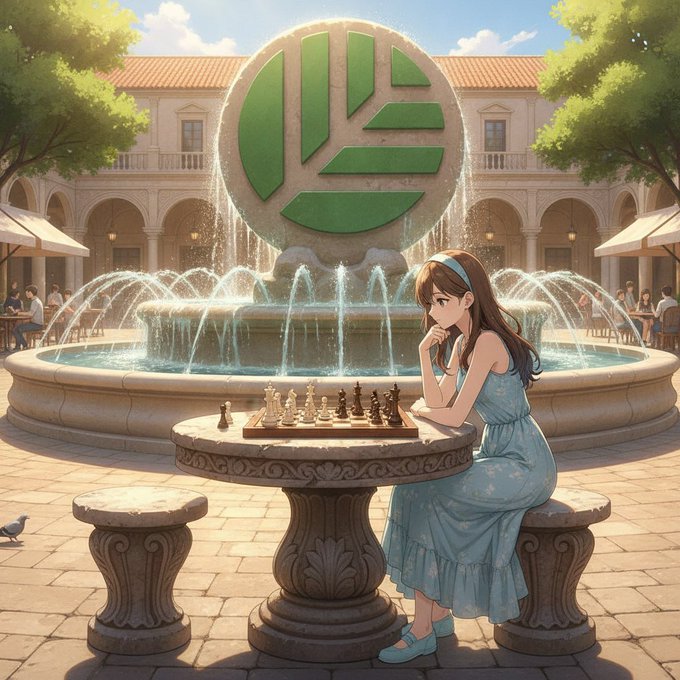 An anime-style girl in a blue floral dress plays chess at a stone table in front of an ornate fountain bearing a green emblem, in a sunny European-style plaza.