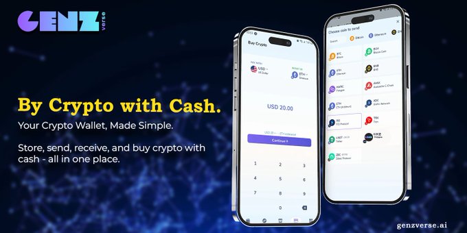 The image is a promotional banner for the GENZVerse Wallet featuring two smartphone screens that display the app's interface—one showing a "Buy Crypto" page with a USD 20.00 amount field and USDP/ETH currency selection, and the other displaying a list of available cryptocurrencies (BTC, ETH, SOL, SHIB, USDC, DOGE, BNB, and others) for swapping. The headline reads "By Crypto with Cash — Your Crypto Wallet, Made Simple," highlighting the wallet's ability to buy crypto with cash, store assets, and perform send/receive transactions from one place, which directly supports the post's emphasis on a simple, all-in-one crypto management solution via genzverse.ai.