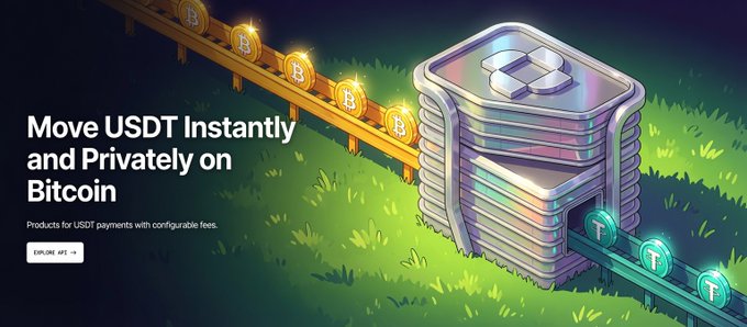 A promotional banner reads 'Move USDT Instantly and Privately on Bitcoin', featuring an illustration of Bitcoin coins on a conveyor belt going through a machine to output Tether (USDT) coins, with an 'EXPLORE USD' button.