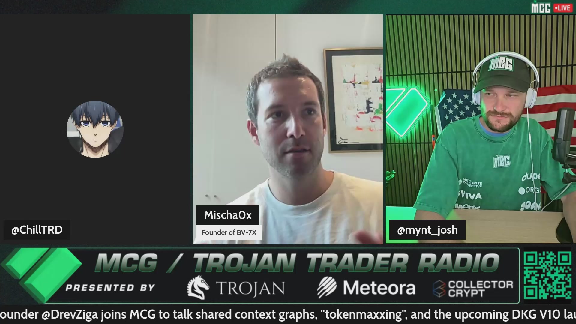 The image shows a live stream of two men talking into microphones, with one man wearing a green shirt and the other wearing a white shirt. The background features a green wall with an American flag hanging above it. The caption for the image reads "LIVE NOW: Hyperliquid Hits New ATH @DrevZiga - Solana Utility Szn - Market Updates! Today on MCG (Times in EDT) - 12:30 @DrevZiga - Co-Founder @origin_trail @bitvaultFinance @BV7X".