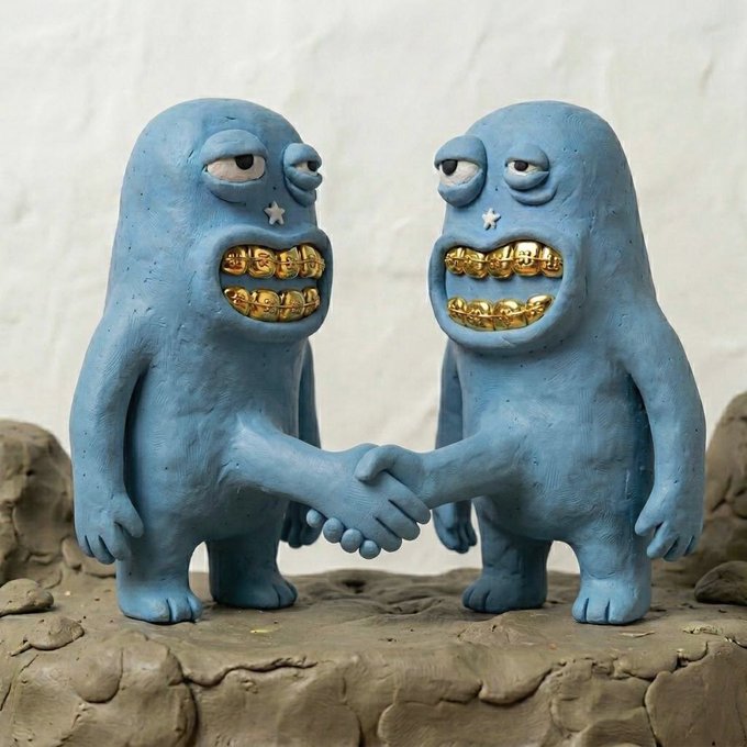 A claymation-style image shows two blue, blob-like figures with grumpy expressions and gold-capped teeth shaking hands on a rocky surface, symbolizing a partnership or deal between the two featured projects.