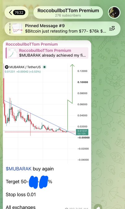 A Telegram channel screenshot titled "RoccobullbotTom Premium" displays a bullish chart analysis of $MUBARAK on the MUBARAK/TetherUS pair, with a highlighted upward projection from the current price of $0.01231 toward a second target, alongside the caption noting "$MUBARAK already achieved my first target 140% profit."