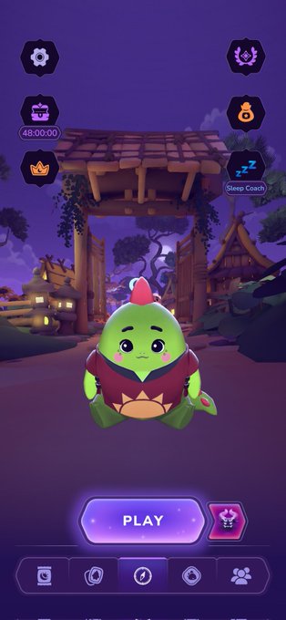 A screenshot of a mobile game featuring a cute green character in front of a village gate at night, with a timer showing 48:00:00, a 'Sleep Coach' notification, and a 'PLAY' button.