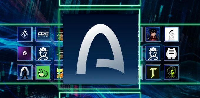 A digital display featuring a stylized 'A' logo in the center surrounded by various smaller icons and cryptocurrency/NFT artwork on a neon grid background.