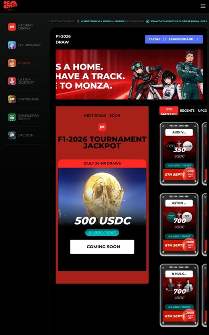 A mobile screenshot of the "S5A" sports gambling app showing F1-2026 tournament draws with jackpots in USDC.
