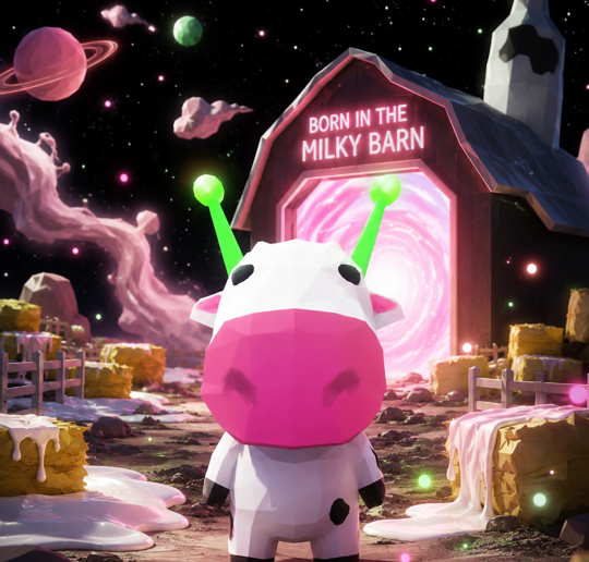The image features a cartoon cow with pink horns standing next to a barn, surrounded by various elements from outer space such as planets and stars. The caption reads "Transmission 001: MOOLIEN wasn't born on a farm - it spawned in a black hole between a barn door and the Moon". This post is about an alien character named MoOLIEN who has been transported to Earth, specifically to a barn with a pink door and a green sign that says "born in the milky barn". The cow appears to be standing on a planet or moon covered in white powder.