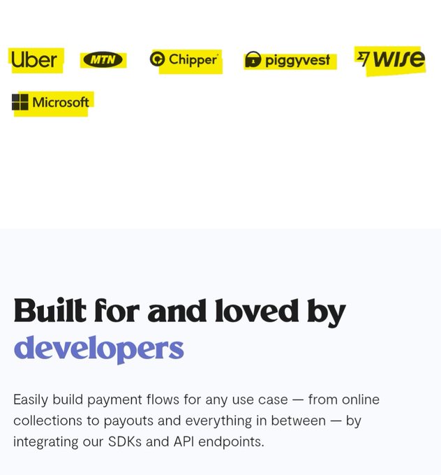 The image features a white background with various logos, including "UBER", "MINT", "CHIPPER", "PIGGYWEST", "WISE", and "XRP" written across them. The text on the image reads "Built for and loved by developers".