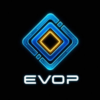 A digital logo for 'EVOP' featuring a glowing blue and gold diamond-shaped geometric design on a black background.