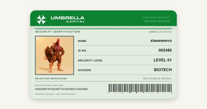 A green and white security identification card for Umbrella Capital, Biotech Division, displaying the name 'steeeeevo', ID No. '002480', Security Level 'LEVEL 01', and a creature wearing a cowboy hat and bandana.