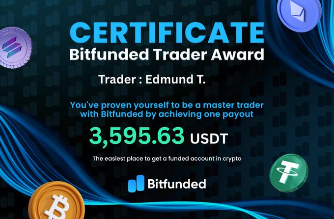 A digital certificate celebrating Edmund T. as a Bitfunded Trader Award recipient for earning a payout of 3,595.63 USDT, visually reinforcing the post's message about Bitfunded being the easiest platform to get a funded account in crypto.
