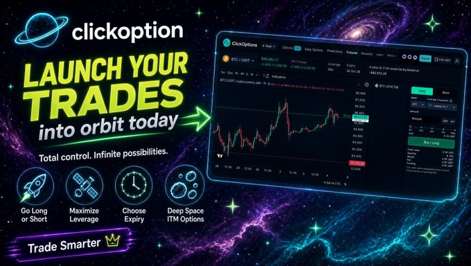 An advertisement for ClickOption cryptocurrency trading platform reading 'LAUNCH YOUR TRADES into orbit today' with a BTC/USD trading interface and space-themed background.