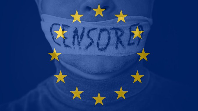 A masked figure with the word "CENSOR" written across a mouth-covering is overlaid with the European Union's circle of yellow stars on a blue background, symbolizing EU internet censorship and surveillance.