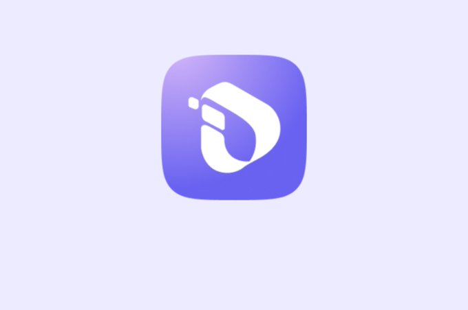 A purple gradient square logo featuring a stylized white 'D' with a tech-inspired design.