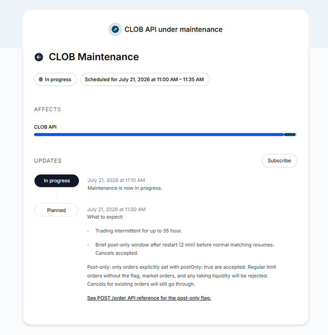 The image shows a Polymarket status page titled "CLOB Maintenance," indicating the CLOB API is under maintenance starting July 21, 2026, from 11:00 AM to 11:35 AM, with updates showing "In progress" at 11:10 AM and a planned 35-hour intermittent trading window. The status post echoes the user's frustration, as the maintenance began just 10 minutes after the announcement with minimal prior warning, catching users off guard.
