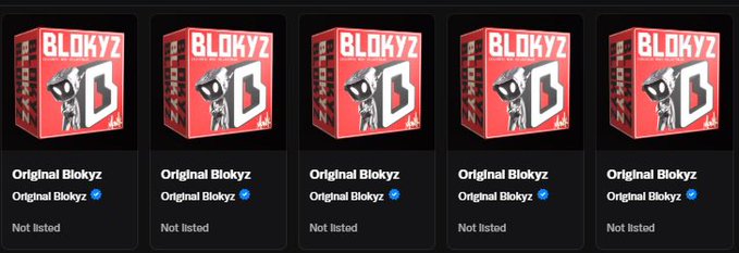 The image displays five identical "Original Blokyz" NFT items side by side on what appears to be a digital collectibles marketplace, all marked as "Not listed" with verified badges. This visual relates to the accompanying post, which celebrates receiving an airdrop of five Original Blokyz NFTs and expresses excitement about the project's founders, vision, and lore.
