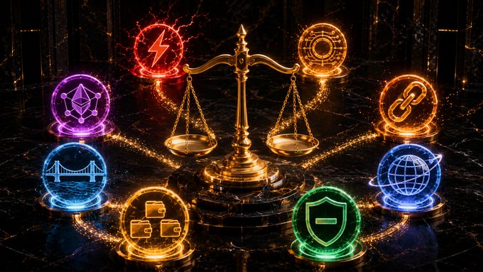 Artistic 3D rendering of a golden balance scale surrounded by glowing neon icons representing blockchain concepts including Ethereum, bridges, wallets, and shields.