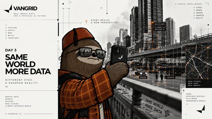 A promotional graphic for 'VANGRID' features an illustrated bear wearing sunglasses and a plaid shirt, holding a phone, with text including 'DAY 3', 'SAME WORLD MORE DATA', and 'CAPTURE // VERIFY // MAP // BUILD // TOGETHER'.