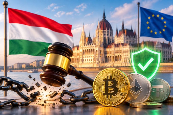 The image features a Hungarian flag alongside an EU flag, with the Hungarian Parliament building in the background, a gavel breaking chains, and cryptocurrencies including Bitcoin, Ethereum, and Tether displayed with a green security shield—symbolizing Hungary's repeal of strict crypto regulations and the new legal framework taking effect August 7 that decriminalizes unauthorized crypto services.