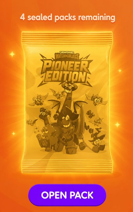 A glowing golden "Pioneer Edition" Claynosaurz Watch Collect pack is displayed against an orange background with text reading "4 sealed packs remaining" and an "OPEN PACK" button, representing the final opportunity to mint from the sold-out 200,000 pack collection where 83,757 were already claimed at 41.9% completion.