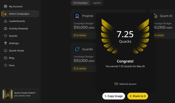 The image displays a page of a website called Wallchain, which shows a user's account and offers various activities, such as watching videos or using ads. The primary focus is on the congratulatory message that reads "Congratulations!" A user has earned 7.25 Quacks for achieving something remarkable in May 28th. The post also mentions the importance of attention to detail while navigating and interacting with websites, especially when dealing with digital assets like cryptocurrencies.