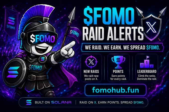 Promotional graphic for a "$FOMO Raid Alerts" campaign featuring a cartoon Spartan warrior wearing $FOMO-branded goggles and shield, highlighting features like new raids on X, points for participation, and a leaderboard at fomohub.fun, built on Solana. The image ties to the post's urgent call-to-action, emphasizing the final 45 minutes left to join the raid by replying with "FOMO."