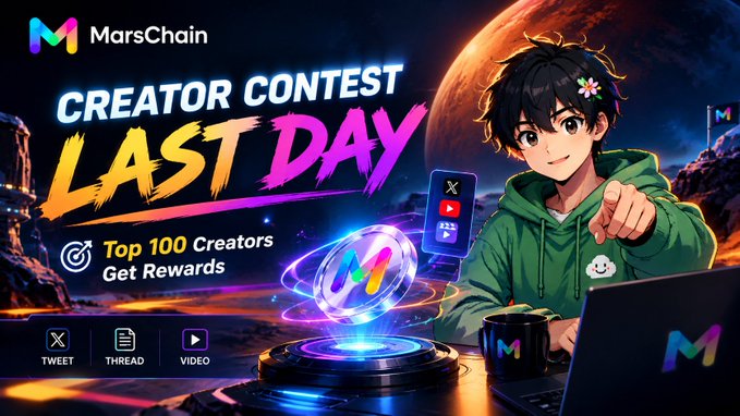 A promotional banner for 'MarsChain Creator Contest LAST DAY' featuring an anime character and text mentioning 'Top 100 Creators Get Rewards' with social media icons.