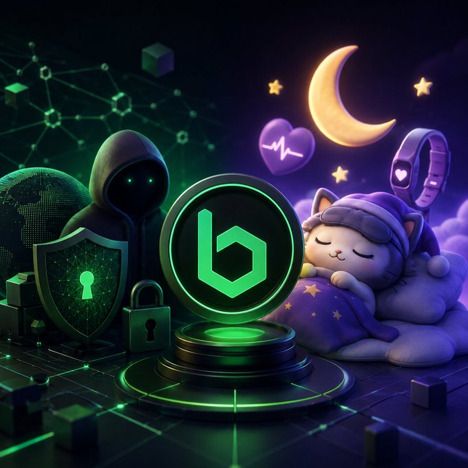 A digital illustration features a glowing green hexagonal logo in the center, surrounded by a hooded figure with green eyes, a shield and padlock, a crescent moon, stars, and a sleeping cat in a purple blanket.