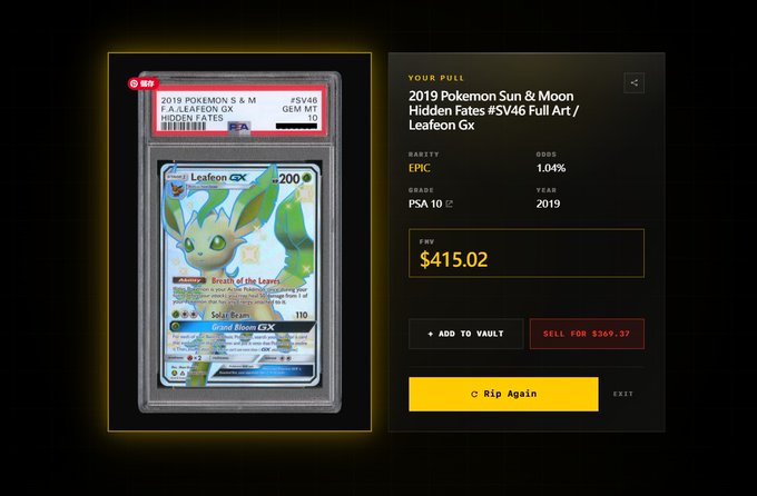 A graded PSA 10 2019 Pokémon S & M Hidden Fates #SV46 Full Art Leafeon GX card with a Fair Value of $415.02.