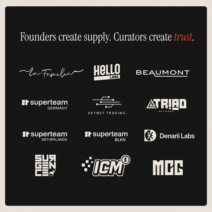 The image displays the tagline "Founders create supply. Curators create *trust.*" above a grid of curator logos including LaFamilia, Hello Labs, Beaumont, superteam Germany/Netherlands/BLKN, Skynet Trading, TRIAD Network, Denarii Labs, Sun Coin Capital, ICM, and MCG—visualizing TRIAD's announcement that they are now a curator on @fairdotclub alongside these trusted names, reinforcing their commitment to vetting deals with transparency and accountability.
