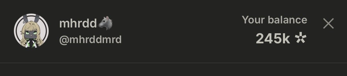 A dark-themed profile header displaying the username 'mhrdd', the handle '@mhrddmrd', and 'Your balance 245k' next to a 'X' icon.
