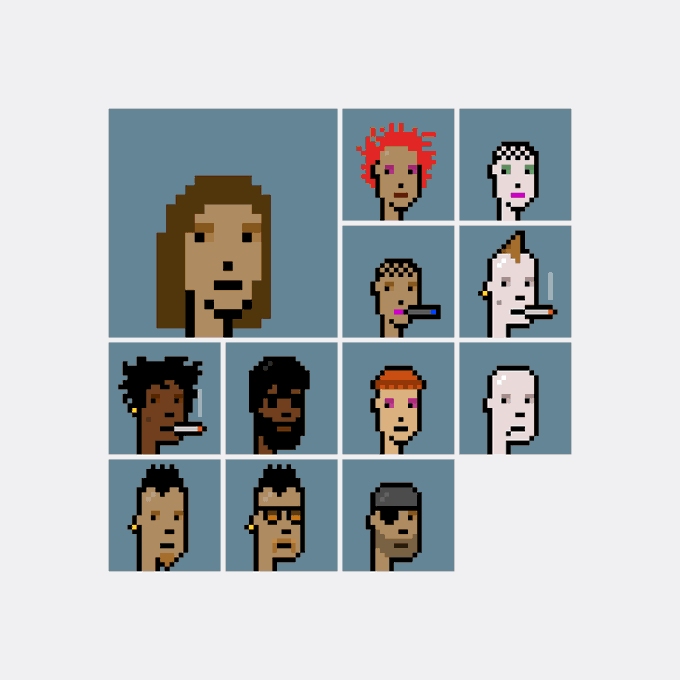 A grid of pixel art portraits displays ten diverse character heads with varying hairstyles, facial hair, and expressions against gray-blue backgrounds.