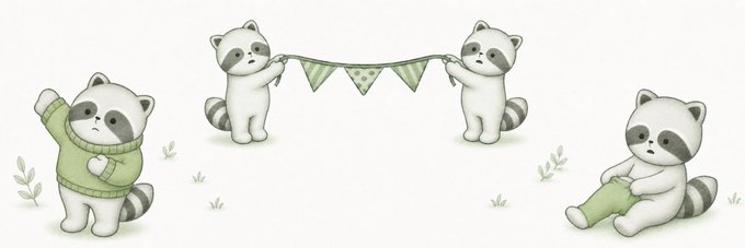 Three adorable cartoon raccoons are shown in various playful poses—one waving while wearing a green sweater, two holding up a festive bunting banner, and one hugging a green pillow—creating a cute and whimsical scene that serves as the banner image for the Solana token $SmiskJim on Moby.