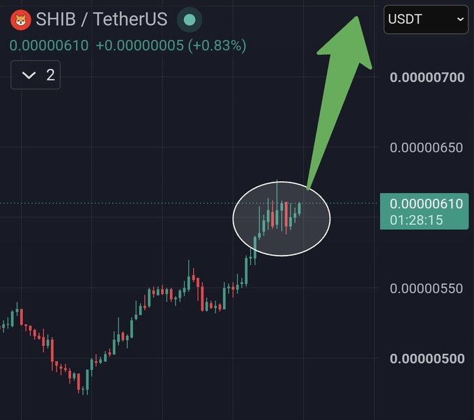 A candlestick chart for SHIB / TetherUS (USDT) showing a price of 0.00000610, up +0.83%, with a green arrow pointing to a circled area indicating a recent upward price movement.