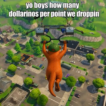 The image shows a video game character wearing a dinosaur-like onesie being carried by a helicopter over a cartoon town, with text overlay reading "yo boys how many dollarinos per point we droppin."

The meme humorously illustrates the post's excitement about earning "$5 per point" from Extended (an airdrop platform), capturing the playful "money grab" vibe as the character parachutes into what the poster hopes will be their "billions" from the TGE.